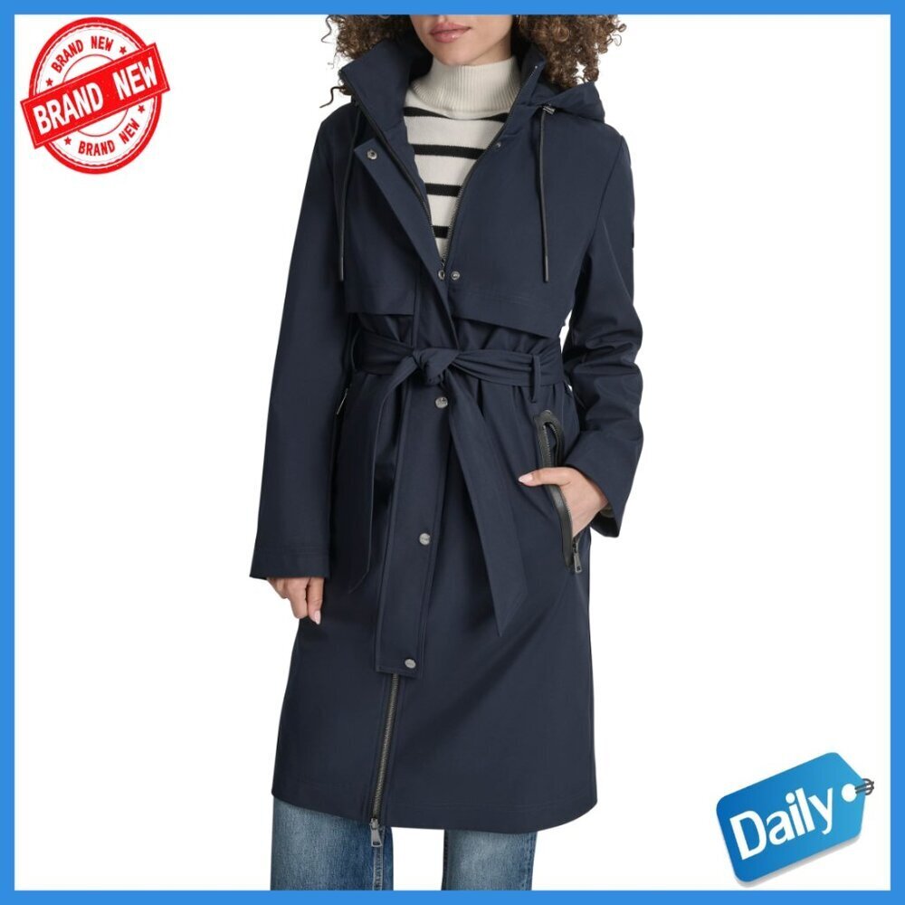 Long Hooded Trench Coat Water Resistant Belted Jacket Zipper Pockets